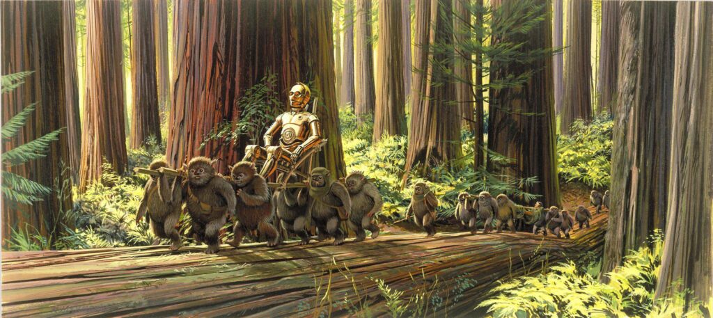 C-3PO being carried on a throne by a parade of Ewoks